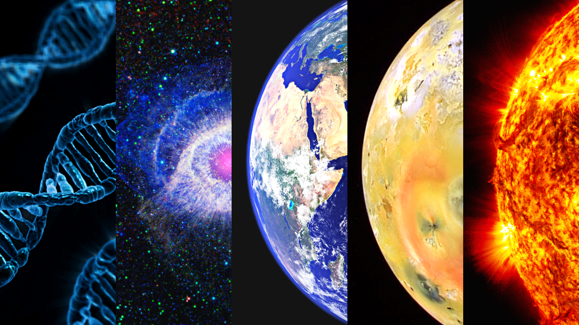 
		Image with slices of each division. DNA helix, nebula, earth, venus, and the sun.		