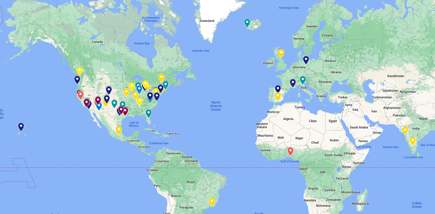 Map with pins indicating location of scientists