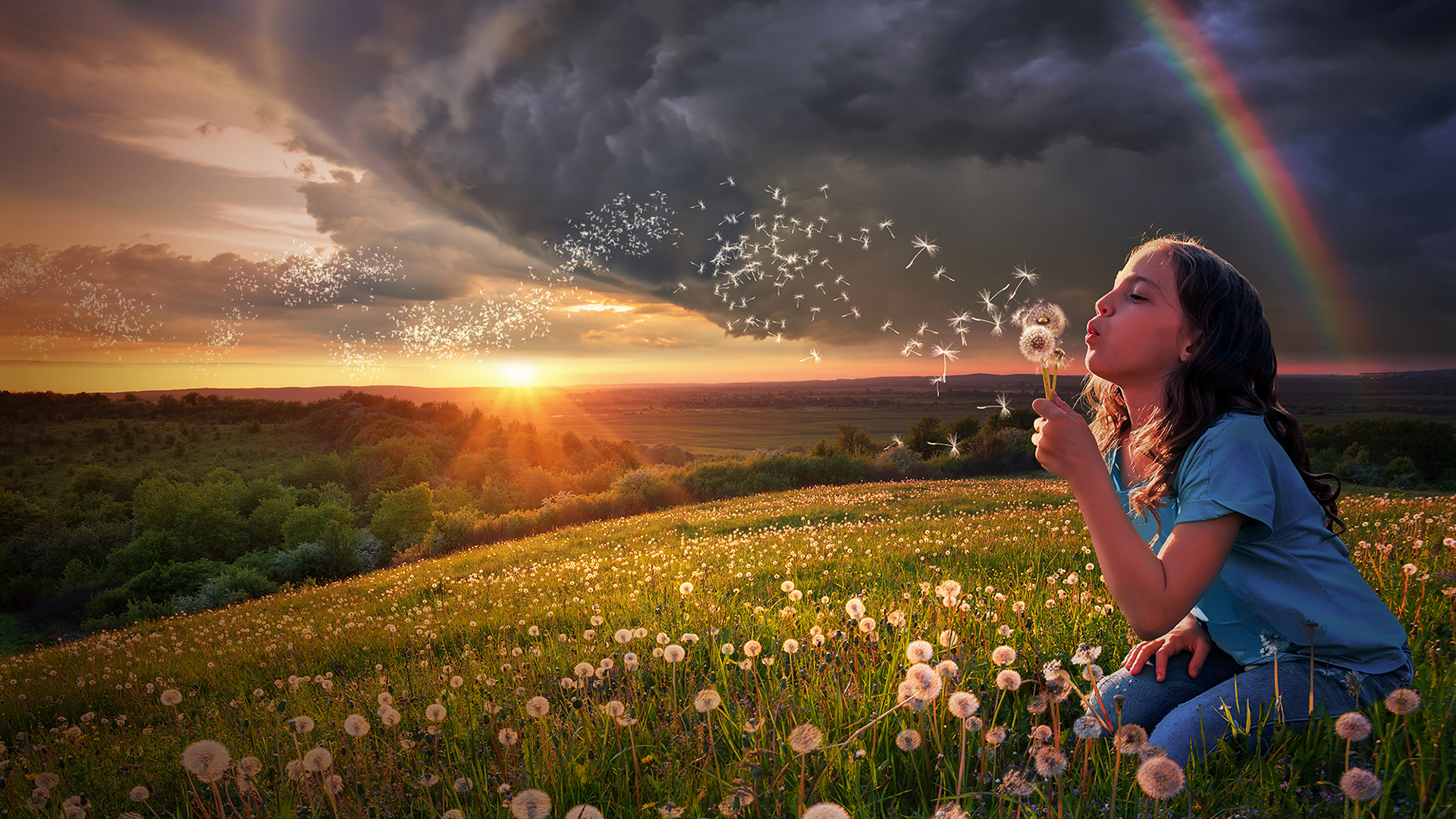 Girl blowing dandelion across sunset in a field