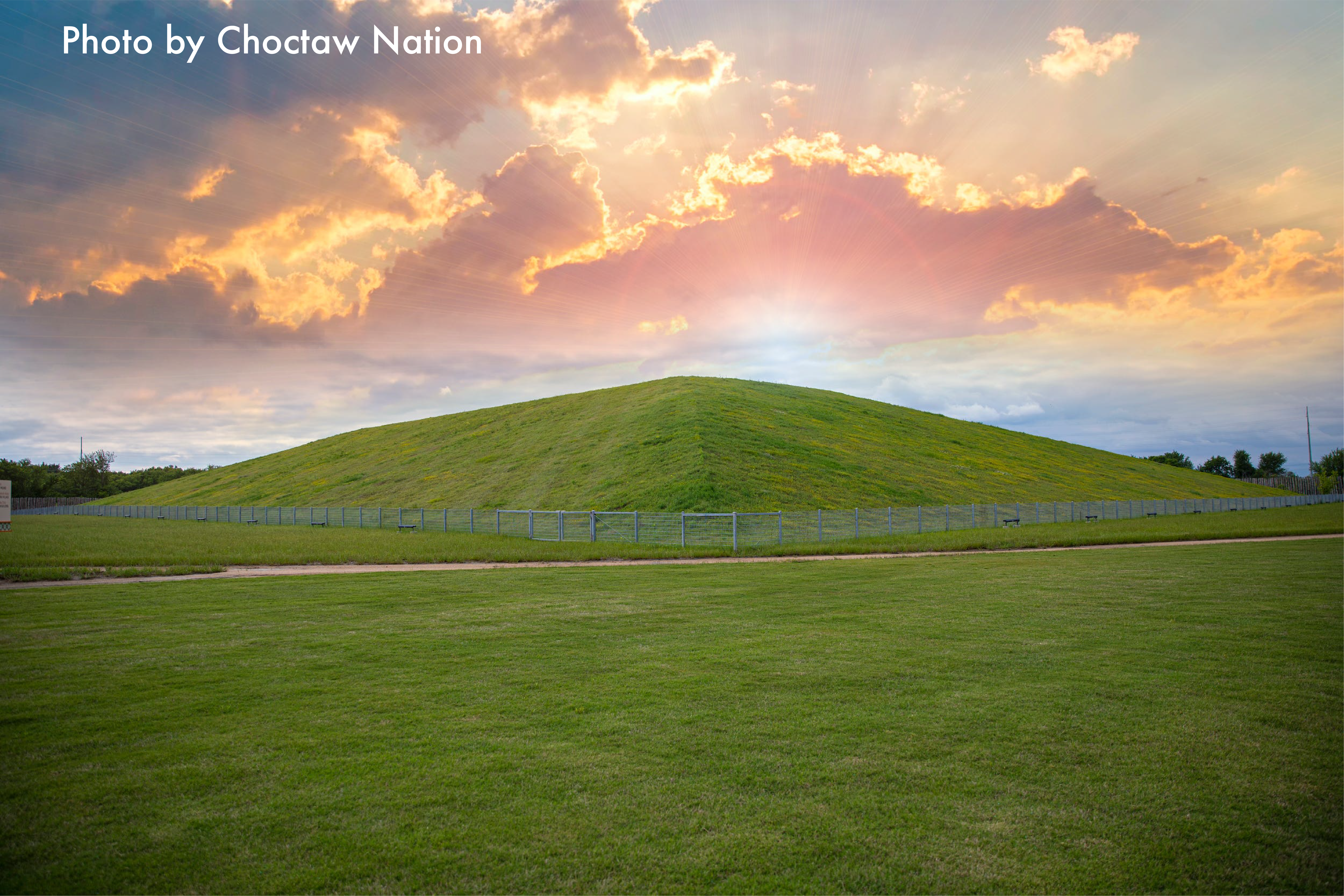 Sunset behind Choctaw burial mound
