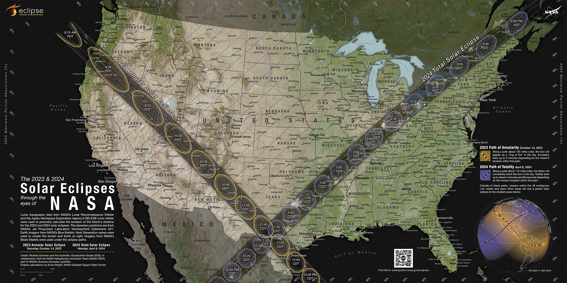 2023 and 2024 eclipse locations map