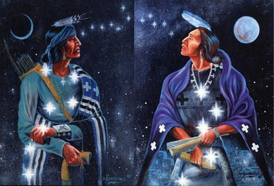 Two dressed Navajo sitting among the constellations in front of a moon and an eclipse.
