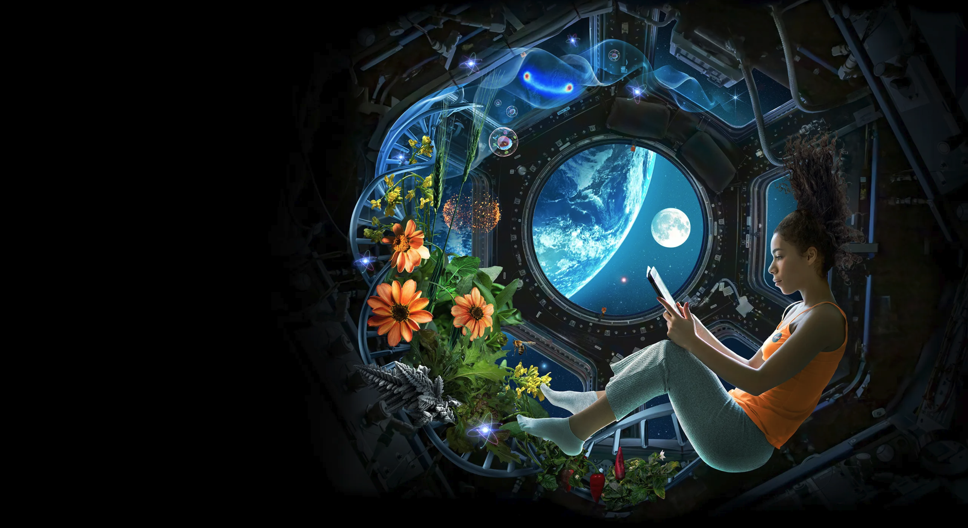 A serene and surreal scene where a person is floating in a lotus position inside a space station with a large viewing window showing Earth. The person appears focused on a tablet device, surrounded by a vibrant mix of nature and technology. Flowers, green foliage, and a bird suggest a harmonious blend of an ecosystem within the space station. The Earth looms large in the background, suggesting the station is in orbit.
