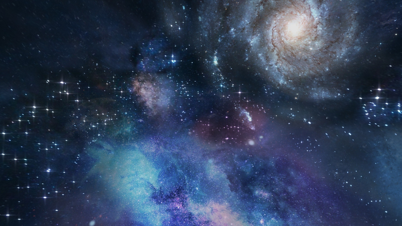 
		A stunning view of deep space featuring a spiral galaxy with a bright core surrounded by swirling arms of stars and cosmic dust. The scene is filled with a rich array of colors, including blues, purples, and hints of pink, creating a vibrant, otherworldly atmosphere. Numerous stars are scattered across the image, twinkling against the dark backdrop of space. The image captures the vastness and beauty of the cosmos, with intricate details of nebulae and star clusters adding depth and dimension.		